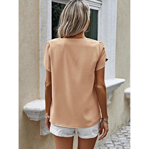 Women Short Sleeve Blouse Chiffon 2025 Summer Casual Work Pearl V Neck - Picture 2 of 7